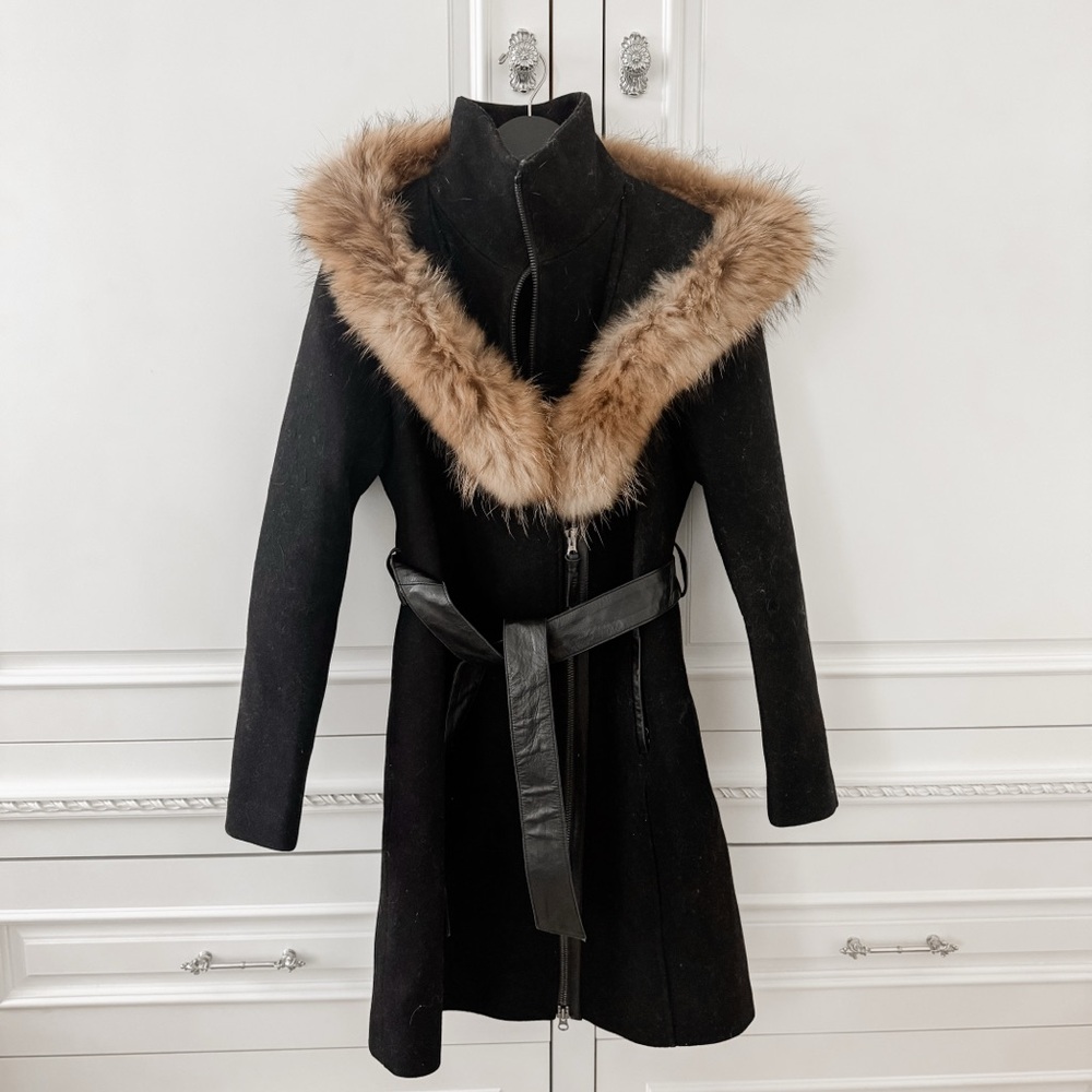 Mackage Black Wool coat brown fox fur trim SZ L NWOT